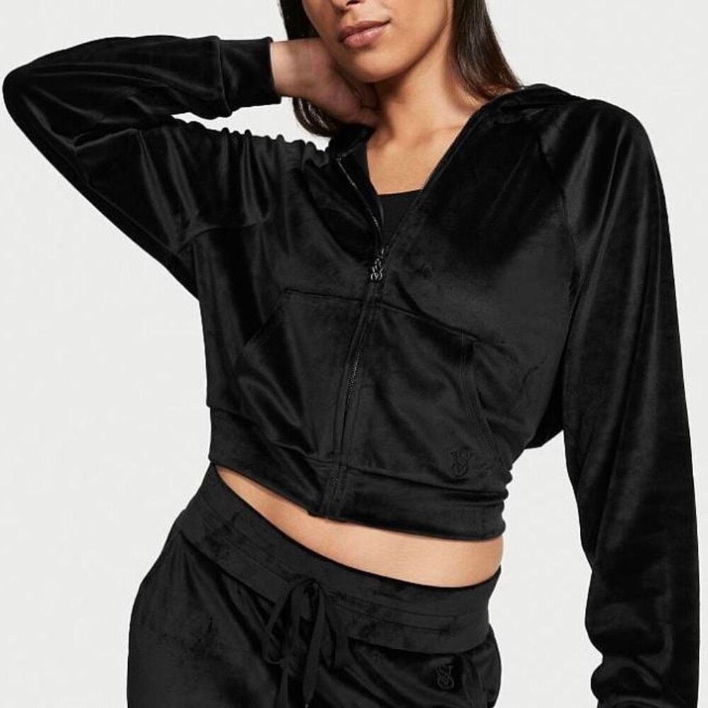 Victoria’s Secret On Point Black Velour Cropped Full Zip Hoodie Size Large Logo
